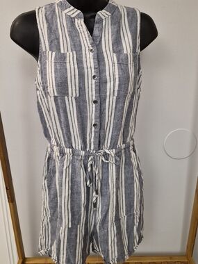 Striped Grey-blue and White Sleeveless Romper